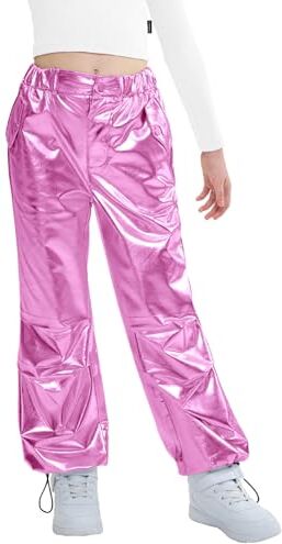 LOLANTA Bambini Pantaloni in Pelle Metallizzata Lucida Retro Pantaloni da Ballo Hip Hop Pantaloni Cargo Allentati Vita Elastica Streetwear, Rosa, 8-9 Anni, 140