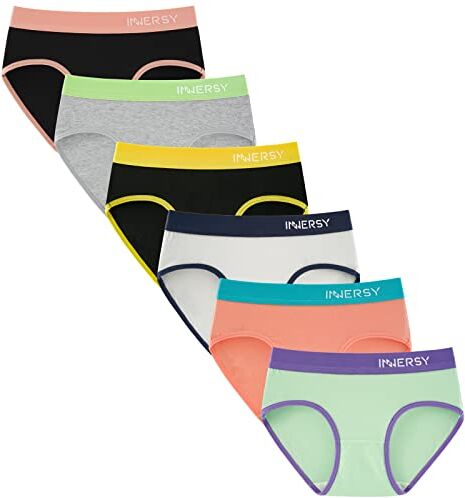 INNERSY Mutande Bambina 12 Anni Cotone Slip Ragazza Sportivi Vita Media Culotte 8-16 Pacco da 6 (8-10 Anni, 2 Nero/4 Multicolore)