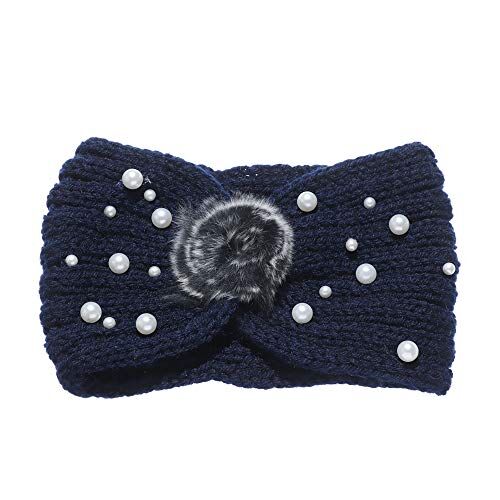 OMICE Donne ragazze maglia larga perla scaldaorecchie stretch turbante copricapo invernale fasce (blu navy)