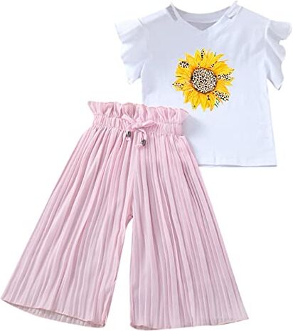 311 Tutina 3 6 Mesi Femmina Toddler Kids Girls Set di abbigliamento Summer Sunflower T Shirt Top Chiffon increspato Pantaloni larghi Abiti Abbigliamento Completi Battesimo Maschietto (Pink, 3 Years)