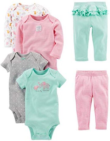 Simple Joys by Carter's 6-Piece Bodysuits (Short Long Sleeve) And Pants Set Infant Toddler Clothing-Sets, Bianco Animali della Foresta/Grigio Pois/Rosa Righe/Verde Acqua Elefante, 24 Mesi Bimba