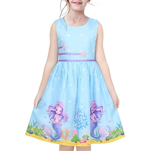 Sunny Fashion Vestito Bambina Blu Sirena del Mare Stella Marina Cartoon Estate Casuale Senza Maniche 4-5 Anni