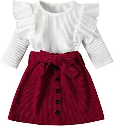 311 Cappello 1 Anno Toddler Bambini Baby Girls Fashion Gonna Vestiti a coste T Shirt Tops Button Mini Gonne Set 2Pcs Abbigliamento Set Completo Battesimo Estivo (White, 18-24 Months)