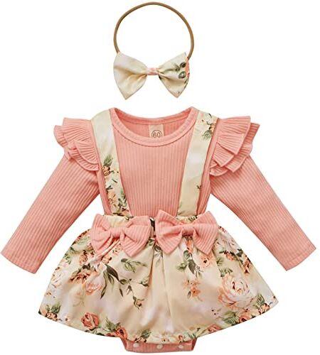 MAHUAOYIXI 2 Pezzi Elegante Tuta Bimba Tutine Neonato Femmina Pagliaccetto Estivo Vestito Abito in Pizzo Floreale Principessa Tutu Bodysuit Tulle Battesimo Jumpsuit + Fascia Bowknot Bambino (B , 6-12 Months )