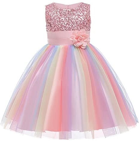 M MUNCASO Ragazze Principessa Abito Paillettes Tulle Fiore Arcobaleno Colletto Rotondo Senza Maniche Abito Formale Festa di Compleanno Matrimonio Damigella d'Onore Ragazza Abiti da Sera per 3-9 Anni(Rosa)