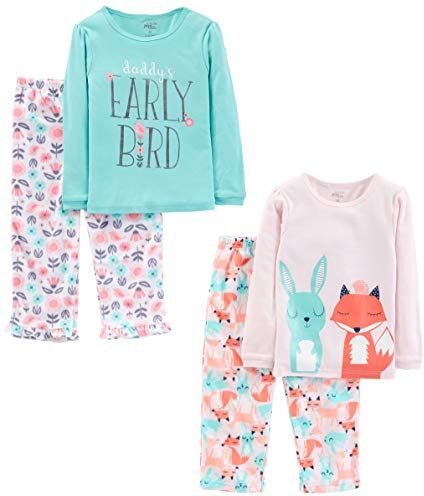 Simple Joys by Carter's Set Pigiama (Maglia in Cotone e Pantaloni in Pile), 4 Pezzi Bambina, Blu Stampa Testo/Rosa Chiaro Floreale/Rosa Stampa Animalierier, 5 anni