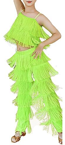 Generic 2 Pezzi Abito con Frange,Abiti da Ballo Latino per Bambine,Pantaloni con Nappe Abiti da Pratica,con Nappe a Canotta Set di Costumi,per Esercizi di Salsa di Tango,110, Green