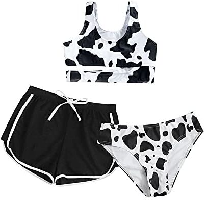 Topgrowth Accessorio Topgrowth 3Pcs Costumi Ragazza Bikini Bambina Set Costume da Bagno Stampa di Mucca Tank Top Shorts Slip Swimsuit Costumi Mare Ragazze 8-14 Anni (G, 140)