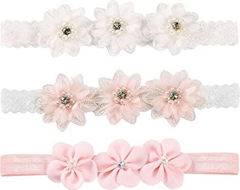 Drwosm 3 Pezzi Fascia Capelli di Fiori Bambina Rosa Bianco Fascia Floreali Neonate Fascia Capelli Elastica Fasce Capelli Pizzo Carina Accessori (B)