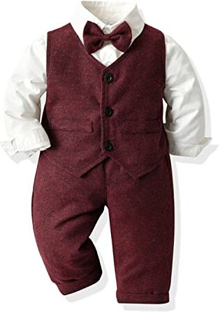 Volunboy Completo Elegante Bambino Camicie + Papillon + Gilet + Pantaloni, Ragazzo Abbigliamento 4 Pezzi Gentleman Cerimonia Nozze(12-18 mesi,Claretto,Taglia 80)