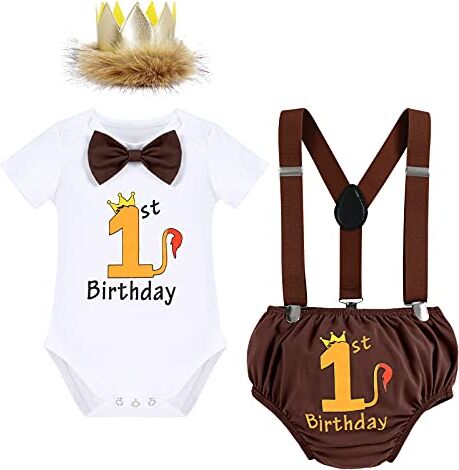 IWEMEK Vestiti Bimbo 1 Anno Compleanno Costume Neonato Bambino Pagliaccetto Body Maglietta Bianca Cotone + Pantaloncini PP + Bretelle Y-Back + Cappellino Corona + Cravatta Leone Marrone 6-12 Mesi