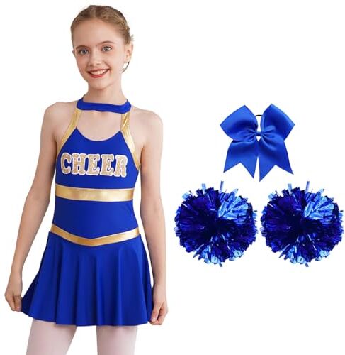 Aislor Uniforme Costume da Cheer Leader Bambina 3 Pezzi Vestito da Cheerleading con Stampa 'Cheer' Abito da Danza Moderna Ragazze Calzini +Pom-Pom Bambine Dress Z Blu reale 9-10 anni