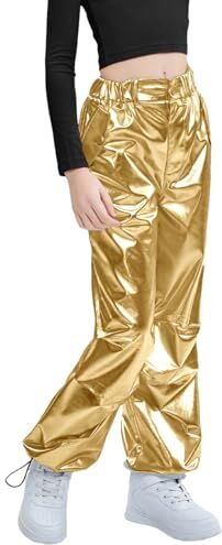 LOLANTA Bambini Pantaloni in Pelle Metallizzata Lucida Retro Pantaloni da Ballo Hip Hop Pantaloni Cargo Allentati Vita Elastica Streetwear, Oro, 6-7 Anni, 130