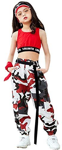 LOLANTA 2 Pezzi Ragazze Hip Hop Street Dance Solo Set, Crop Tank Top + Pantaloni Jogger mimetici, Rosso, 130