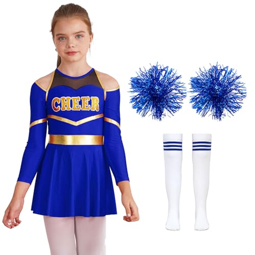 Aislor Uniforme Costume da Cheer Leader Bambina 3 Pezzi Vestito da Cheerleading con Stampa 'Cheer' Abito da Danza Moderna Ragazze Calzini +Pom-Pom Bambine Dress A Blu 5-6 anni