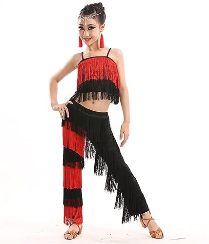 Generic 2 Pezzi Abito con Frange,Abiti da Ballo Latino per Bambine,Pantaloni con Nappe Abiti da Pratica,con Nappe a Canotta Set di Costumi,per Esercizi di Salsa di Tango,150, Red-Black