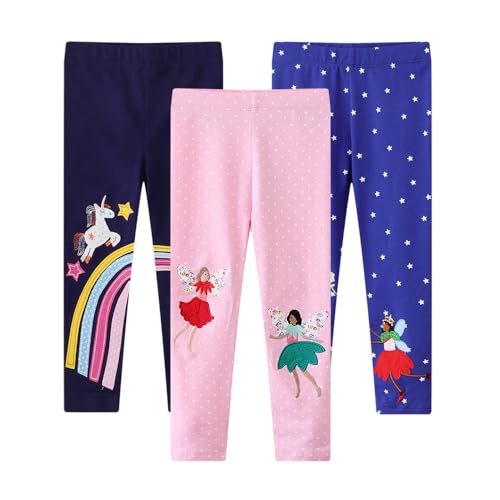 EmaoFun Leggings Colorati da Bambina, Confezione da 3 Pezzi, in Cotone Elasticizzato, 2-7 Anni（color3 4T）