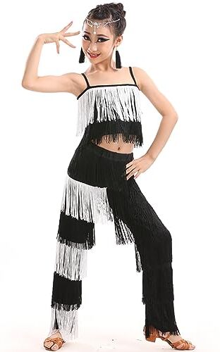 Generic 2 Pezzi Abito con Frange,Abiti da Ballo Latino per Bambine,Pantaloni con Nappe Abiti da Pratica,con Nappe a Canotta Set di Costumi,per Esercizi di Salsa di Tango,160, Black and White