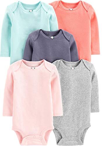 Simple Joys by Carter's Body a Maniche Lunghe Bimba, Pacco da 5, Blu Marino/Grigio/Pesca/Rosa/Verde Menta, 0 mesi