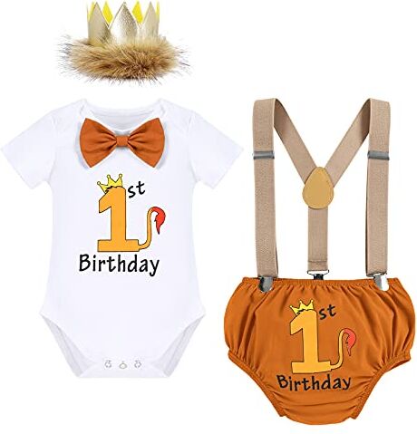 IWEMEK Vestiti Bimbo 1 Anno Compleanno Costume Neonato Bambino Pagliaccetto Body Maglietta Bianca Cotone + Pantaloncini PP + Bretelle Y-Back + Cappellino Corona + Cravatta Marrone Leone 6-12 Mesi