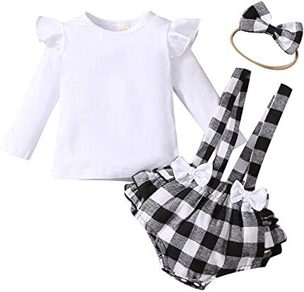 Generic 3 Pz Completo Neonata Maglietta Manica Lunga Neonata Tutina Invernale Bimba +Pantaloni con Bretelle con Mozzese con Bowknot+Fascia per Neonata (A02 Bianco, 9-12 Mesi)