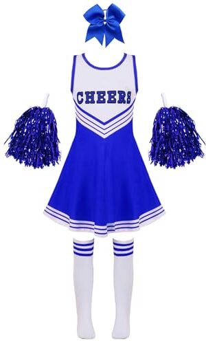 iEFiEL Costume per Bambini Cheerleaders Rosso Uniforme con Abito Senza Maniche + Pompon e Calze Vestito da Carnevale per Ragazza 3-10 Anni per Scuola Festa D Blu 9-10 anni