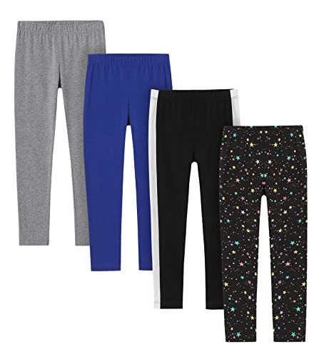 LAPASA Pacco da 4 Leggings Bambina Sportivi Yoga Elastici Comodi età 3-13 Anni G11 7-8 Anni Grigio Melange, Blu, Polvere di Stelle, Nero con Striscia Bianca