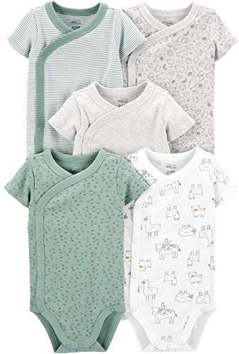 Simple Joys by Carter's Neutral Short-Sleeve Bodysuit Camicia, Bianco Lama/Grigio Animali della Foresta/Grigio Chiaro Puntinato/Verde/Verde Menta Righe, 0 Mesi (Pacco da 5) Unisex-Bambino