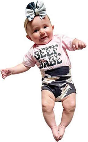 311 11 Anni Neonato Neonato Abiti Estivi Lettera Stampa Manica Corta T Shirt Top Mucca Modello Pantaloncini Fascia 3 Pezzi Vestiti Set Pantaloncini E Maglietta Bambina (Pink, 0 Months)