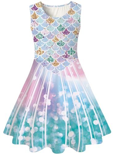 Kids4ever Abiti per Ragazze Senza Maniche Sirena Carina Stampata Girocollo Swing A-Line Vestito Estivo Principessa per Bambini Festa di Compleanno Abito 10-12 Anni