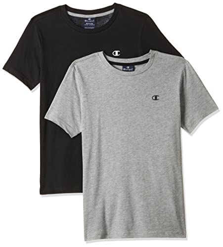 Champion Legacy- Classic C-Logo S/S, T-Shirt Bambini e ragazzi, Grigio (Melange Chiaro)/Nero, 9-10 anni ( pacco da 2)