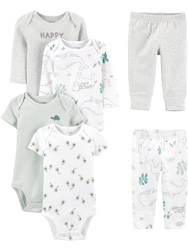 Simple Joys by Carter's Baby Set di 6 Body (Maniche Corte e Lunghe) e Pantaloni, Avocado/Felice/Animali, 6-9 Mesi