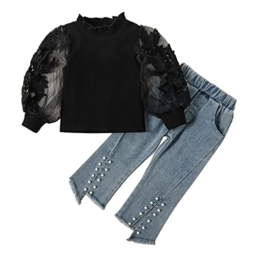 311 Tute Bambina 3 Anni Toddler Bambini Baby Girls Puff Sleeve Fiore Lace a coste T Shirt Tops Crop Denim Jeans Pantaloni lunghi 2PCS Abiti Set Felpa Top Ragazza (Black, 3-4 Years)