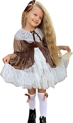 Generic Vestito da Festa di Natale per Ragazze in Tulle con Fiori per Bambini Abito da Principessa Mesh Patchwork Party Wedding Party Bowknot Vestito di Natale Bimba a Maniche Lunghe (A05 Caffè, 6-12 Mesi)