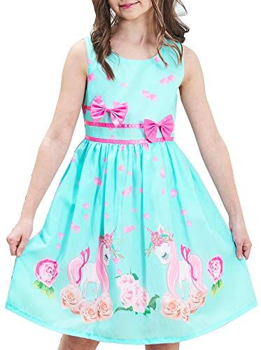 Sunny Fashion Vestito Bambina Verde Unicorno Fiore Estate Sole 7-8 Anni