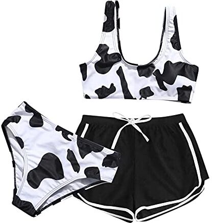 Topgrowth Accessorio Topgrowth 3Pcs Costumi Ragazza Bikini Bambina Set Costume da Bagno Stampa di Mucca Tank Top Shorts Slip Swimsuit Costumi Mare Ragazze 8-14 Anni (C, 130)