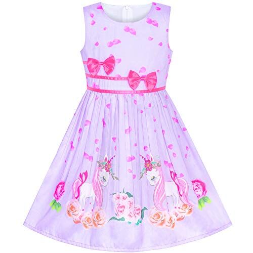 Sunny Fashion Vestito Bambina Viola Unicorno Fiore Estate Sole 6 Anni