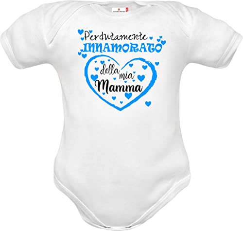 Corredino Neonato body neonato originali simpatici divertenti con frase mamma e papà. idea regalo nascita compleanno e festa della mamma (body mamma innamorato maschio azzurro manica corta, 06: 6-9 mesi)