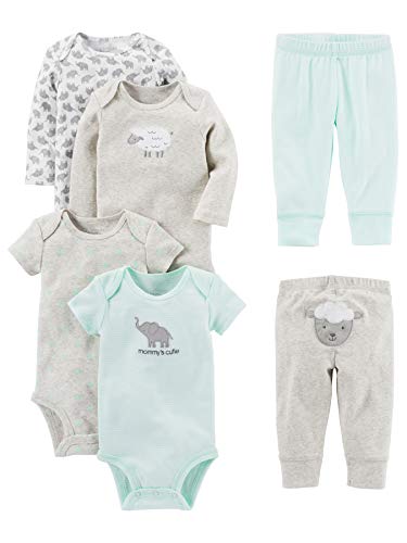 Simple Joys by Carter's 6-Piece Neutral Bodysuits (Short Long Sleeve) And Pants Set Infant Toddler Clothing-Sets, Grigio/Verde Menta/Elefante/Agnello, 24 Mesi Unisex-Bambino