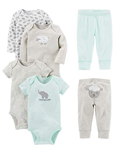 Simple Joys by Carter's 6-Piece Neutral Bodysuits (Short Long Sleeve) And Pants Set Infant Toddler Clothing-Sets, Grigio/Verde Menta/Elefante/Agnello, 6-9 Mesi Unisex-Bambino