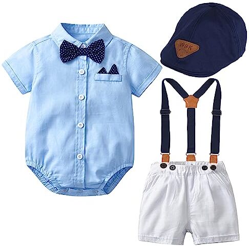 Balipig Bambino Completini e Coordinati Gentiluomo  3 Pezzi Abbigliamento Set Bimbo Body Strisce + Pantaloncini Bretelle + Berretto Formali Ragazzi Tuta da Gentleman Vestito del Partito 18-24 Mesi, Blu