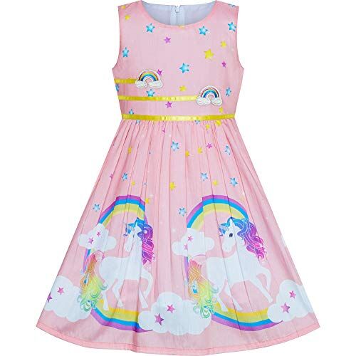 Sunny Fashion Vestito Bambina Rosa Chiaro Unicorno Arcobaleno Estate Sole 7-8 Anni