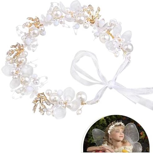 TONAUP Cerchietto per matrimonio, corona di fiori, fascia per capelli, colore bianco, perle di cristallo, per principesse, damigella d'onore