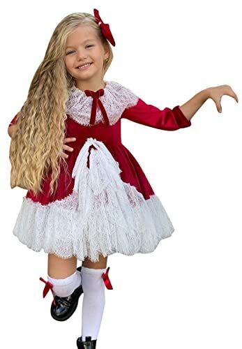 Generic Vestito da Festa di Natale per Ragazze in Tulle con Fiori per Bambini Abito da Principessa Mesh Patchwork Party Wedding Party Bowknot Vestito di Natale Bimba a Maniche Lunghe per (A05 Rosso, 4-5 Anni)