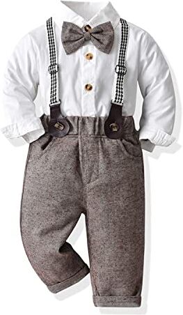 Volunboy Bimbo Neonato Completini e Coordinati Gentiluomo, Camicia Fiocco e Bretelle Pantaloni 4 Pezzi(5-6 anni,Bianco kachi,Taglia 130)