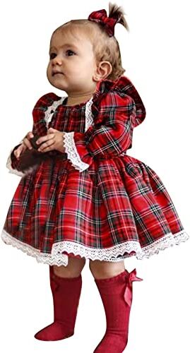 Generic Vestito di Natale da Bambina Vestito di Bambina Vestito di Natale Bimba Vestito Rosso a Maniche Lunghe per Bambina a Quadri Abito da Principessa in Tulle per Bambina in Cotone (A01 Rosso, 12-18 Mesi)