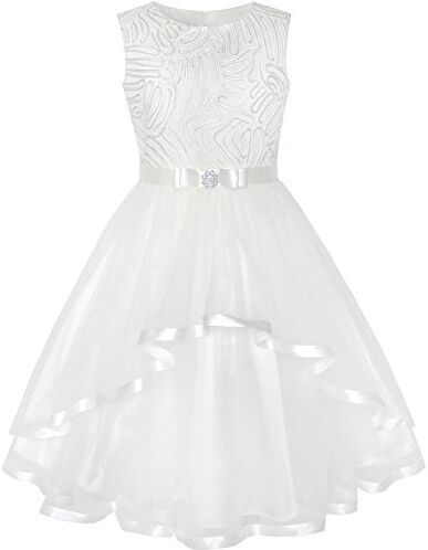 Sunny Fashion Vestito Bambina Fiore Bianco con Cintura Nozze Festa Damigella d'Onore 7 Anni