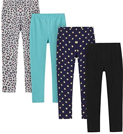 LAPASA Pacco da 4 Leggings Bambina Sportivi Yoga Elastici Comodi G11 5-6 Anni Leopardato, Turchese, Stelle, Nero