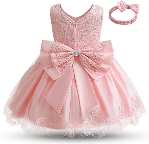 NNJXD Abito da Sposa da Principessa in Pizzo con Ricamo Floreale per Bambina Taglia (80) 6-12 Mesi 648 Rosa Chiaro-C