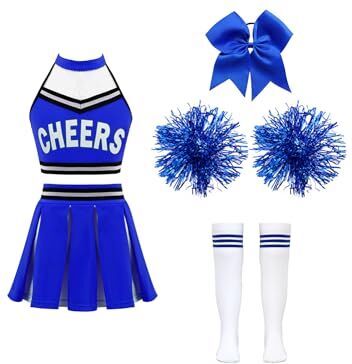 iEFiEL Costume per Bambini Cheerleaders Rosso Uniforme con Abito Senza Maniche + Pompon e Calze Vestito da Carnevale per Ragazza 3-10 Anni per Scuola Festa E Blu 5-6 anni